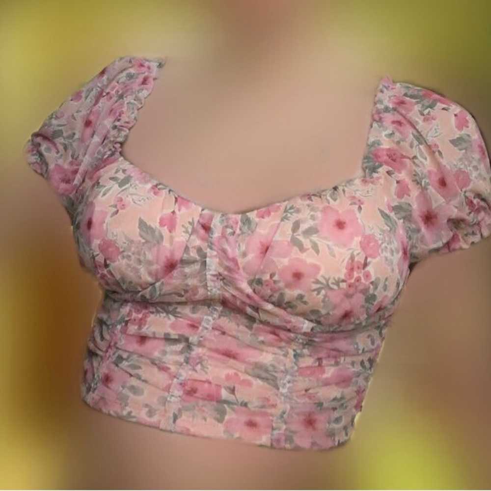 Pink floral off the shoulders open back crop top